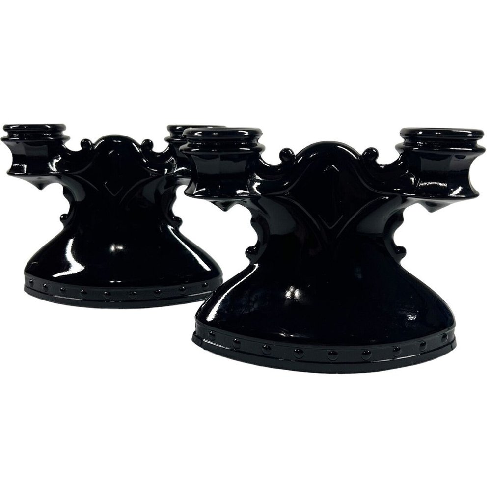 Vintage Gothic Amethyst Glass Double Candlesticks (LE Smith Glass Mt Pleasant)